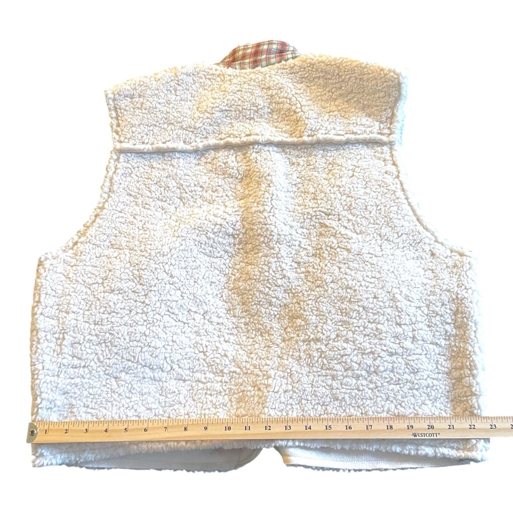 NWT Cozy Cream Sherpa Vest by Cider Snap Front Tartan Plaid Trim Cottage Nordic - Picture 11 of 15